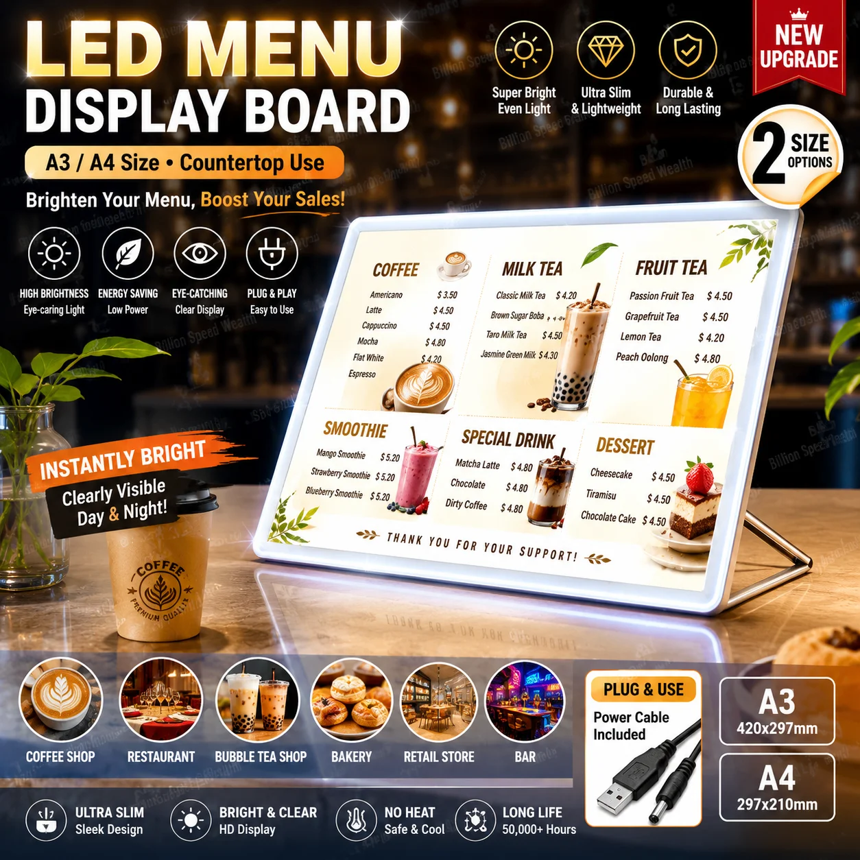 LED coffee shop display card counter/restaurant ordering plate A3/A4