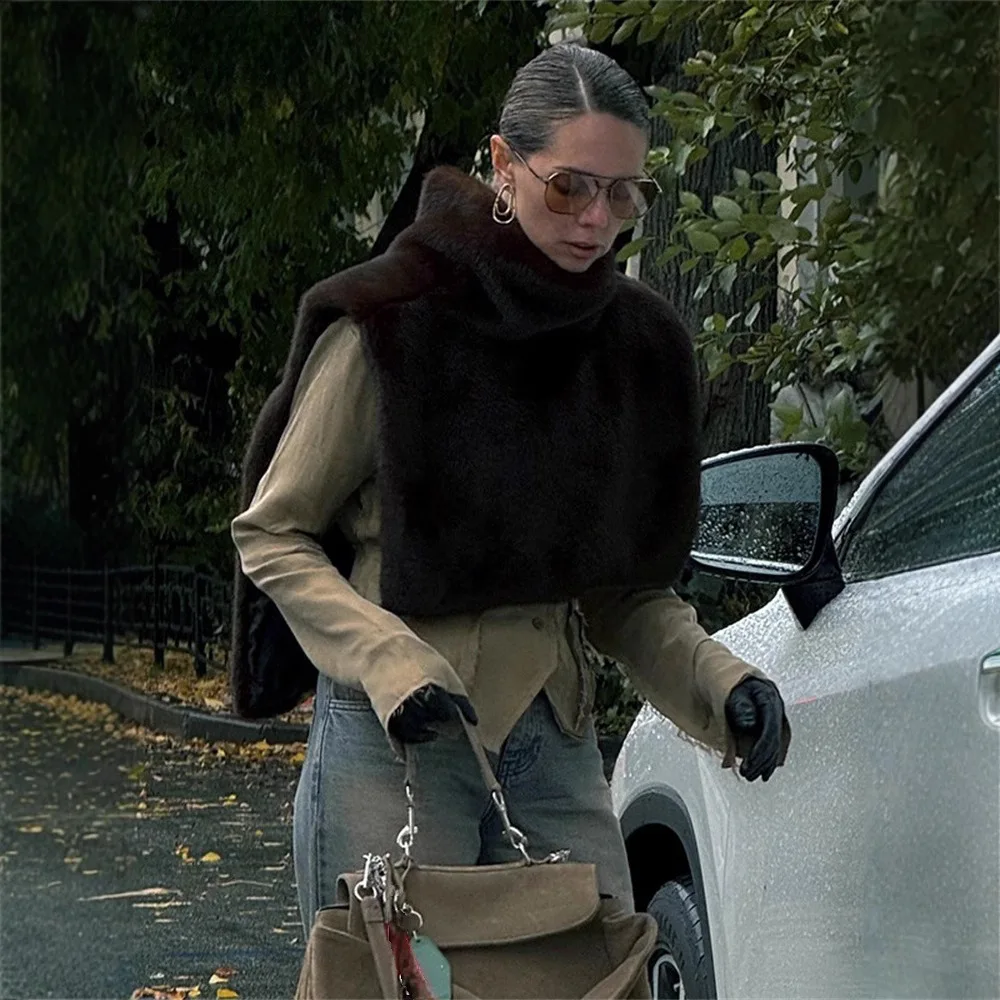 Women's Autumn & Winter Faux Fur Vest High Neck Faux Mink Outerwear Gilet High Low Hem Side Slit Design Ropa Mujer