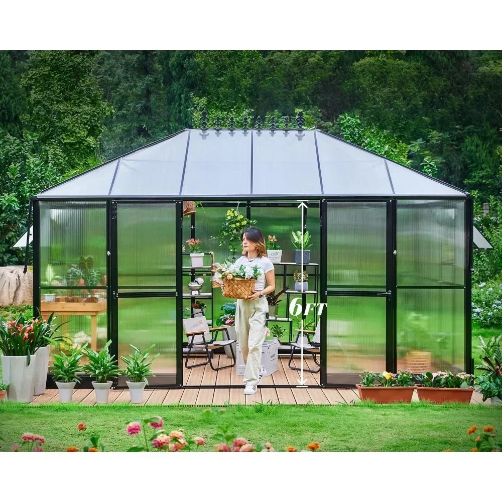 Aluminum Polycarbonate Greenhouse with 2 Ventilation and Rain Gutter, Outdoor Garden Greenhouse, 14x9.5x9 ft