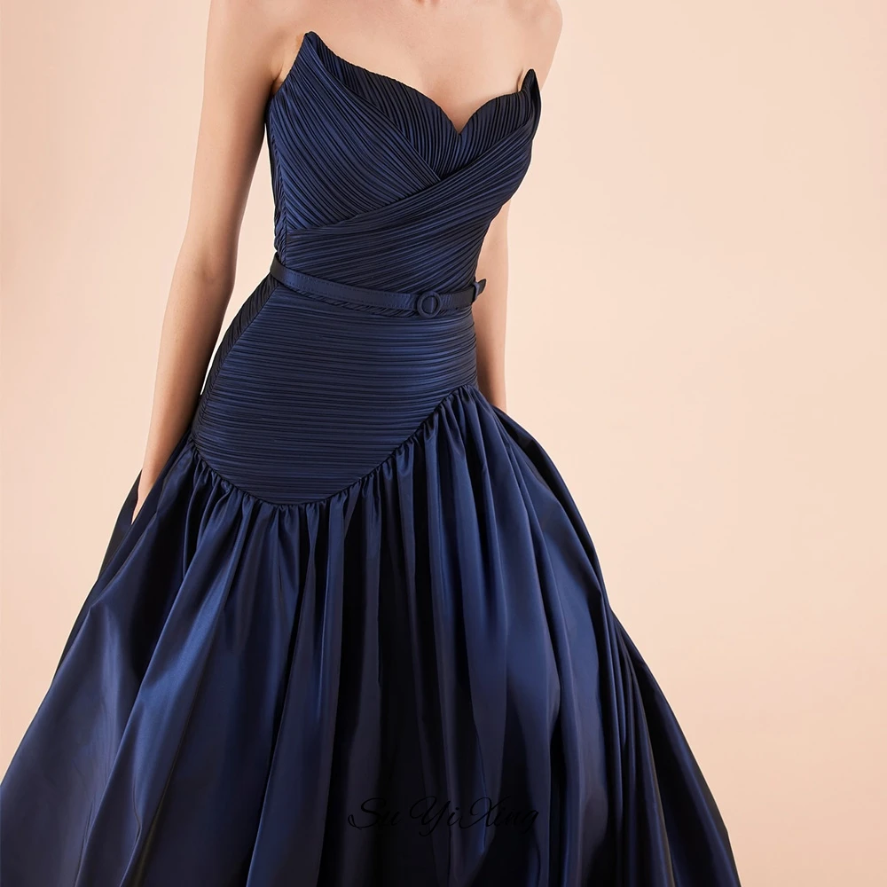 Customized Temperament  Blue Jersey Homecoming Dress Elegant Ruched Strapless Belt(Sashes) Mermaid Zipper Back Robe de soirée