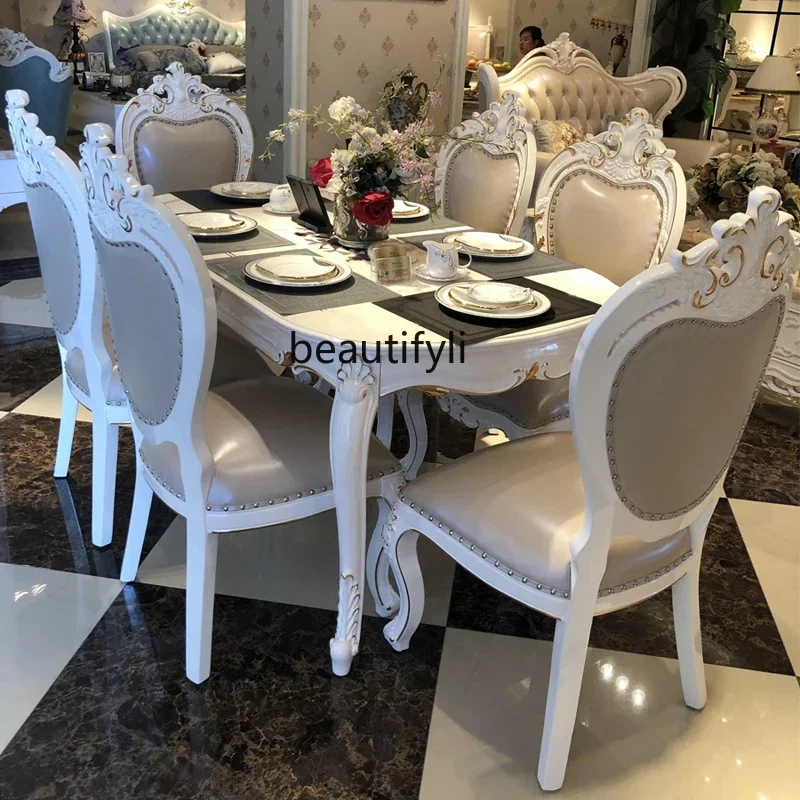 

Cy European Dining Table French Oval Rectangular Solid Wood Pearlescent White Paint Dining Table