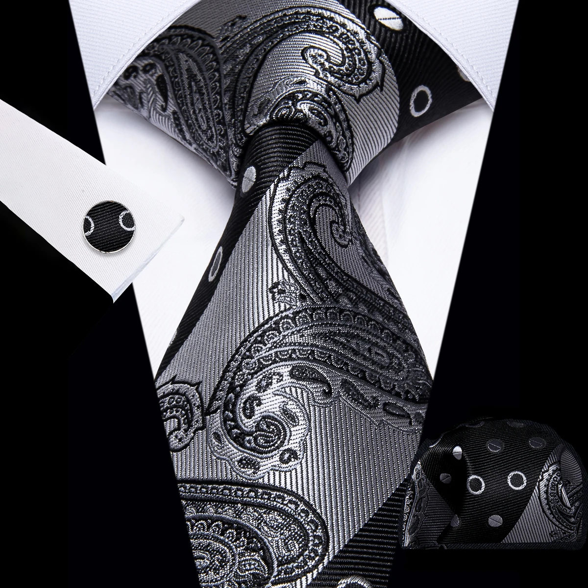 Männer Schwarz Weiß Grau Krawatten Gestreiften Paisley Floral Hochzeit Formale Krawatte Taschentuch Manschettenknöpfe Geschenk Dropship – Detail 6