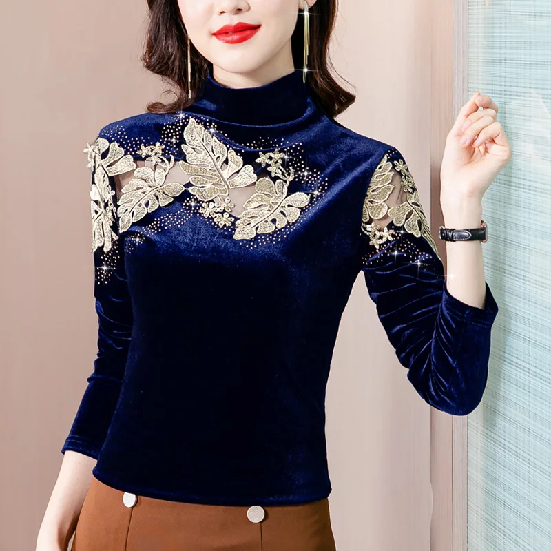 Spring Autumn Women Clothing Tops Fit Casual Elastic Stand Collar Hollow Out Velour Full Sleeve T-shirt
