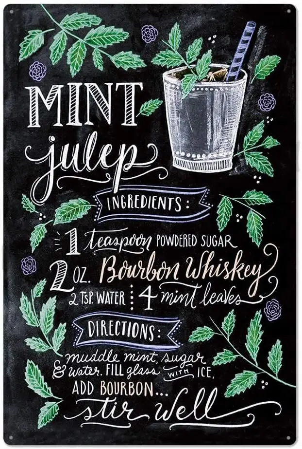 Vintage Mint Julep Cocktail Recipe Tin Metal Signs Wall Art Decoration - Funny and Unique Artwork for Bar/Man Cave/Kentucky Derb