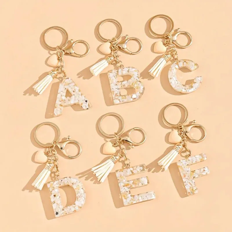 Fashion White Heart Tassel Letter Pendant Resin Keychain Student Women's Bag Backpack Pants Chain A-Z Name Initials Birthday Gif