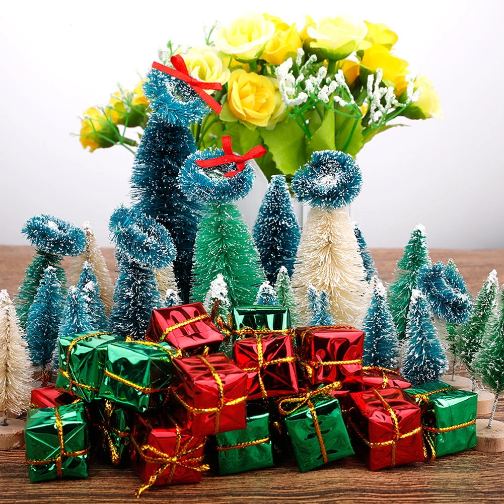 56Pcs Mini Colorful Cedar Trees Kit Sisal Snow Frost Trees With Wood Base Bottle Color Gift Box Brush Trees Plastic Winter