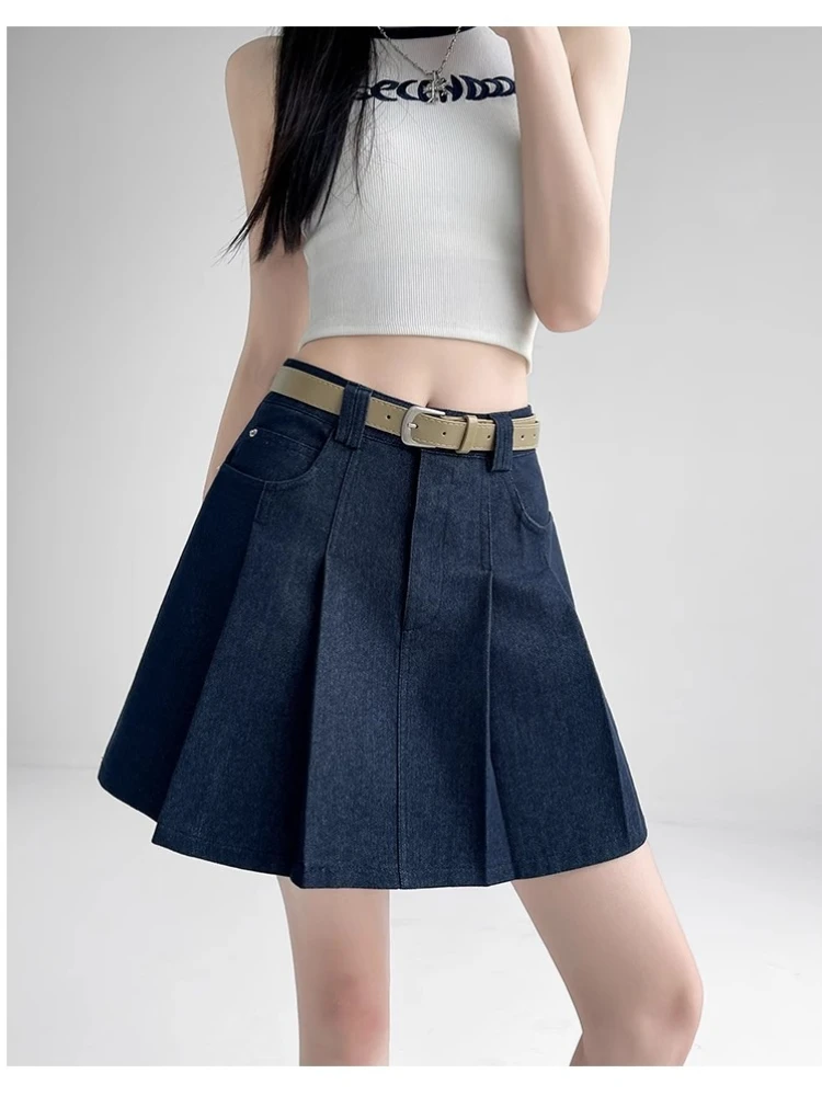 Blue Pleated Skirt Women Summer New Fashion Elegant Anti Glare A-Line Culotte High Waist Wash Cotton Suit Half Body Dress Female