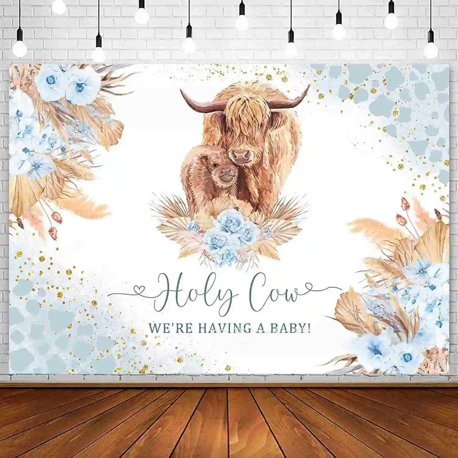 

Highland Cow Baby Shower Party Backdrops Farm Holy Cow We are Having a Baby Photography Background Cake Table Banner Props
