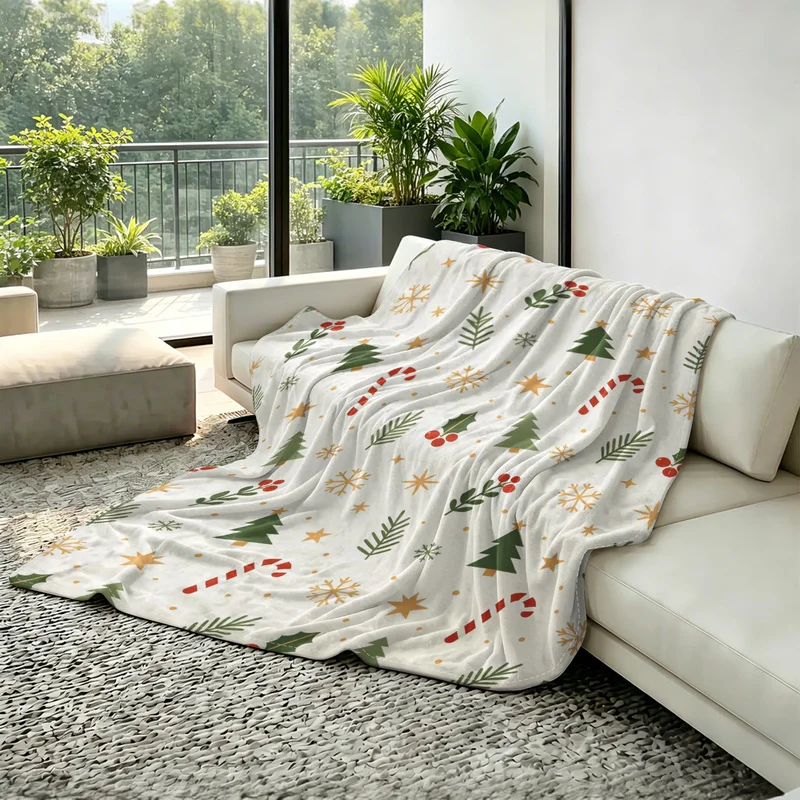 Christmas Polyester Cooling Blanket,Durable,Ultra-Soft,Snowmen holly leaves with red berries candy canes,snowflakes Print