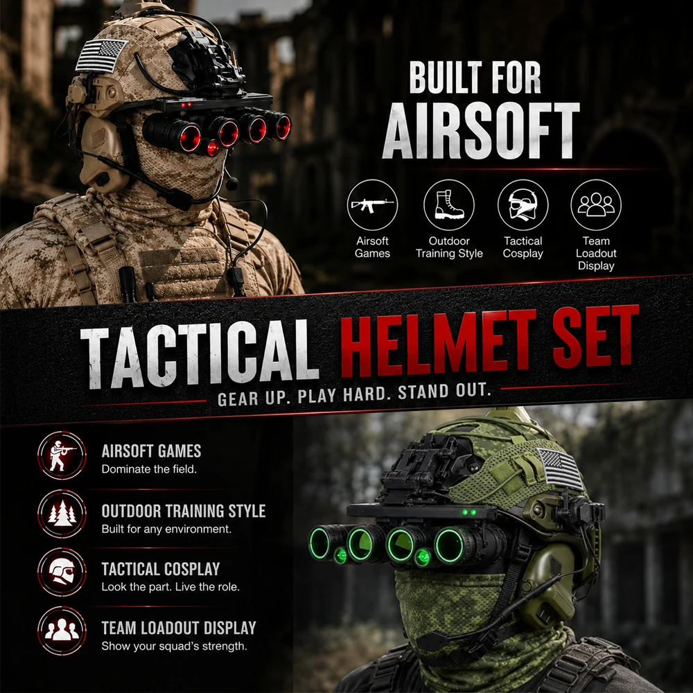 Tactical Airsoft Helmet Kit with Quad NVG Model Red Green Light Cover Headset Strobe for Paintball CS Cosplay