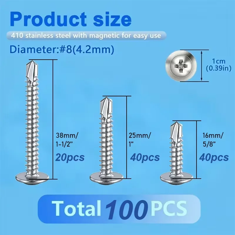 100pcs #8-18 UNC Anti-Lock Threaded Insert Kit (5/8' + 1' + 1-1/2') - Self-Tapping Round Head Screws with Built-In Drill Bits Fo