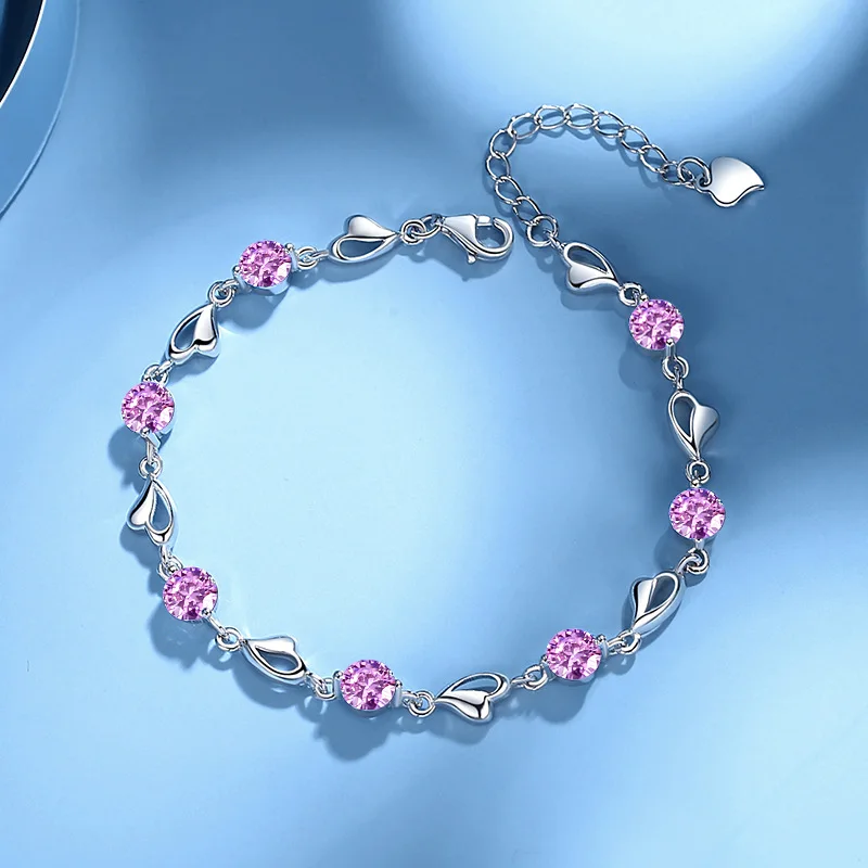 Pulsera de amor de plata de ley S925 de lujo para mujer, cristal de circón azul púrpura, regalo de joyería de compromiso de fiesta