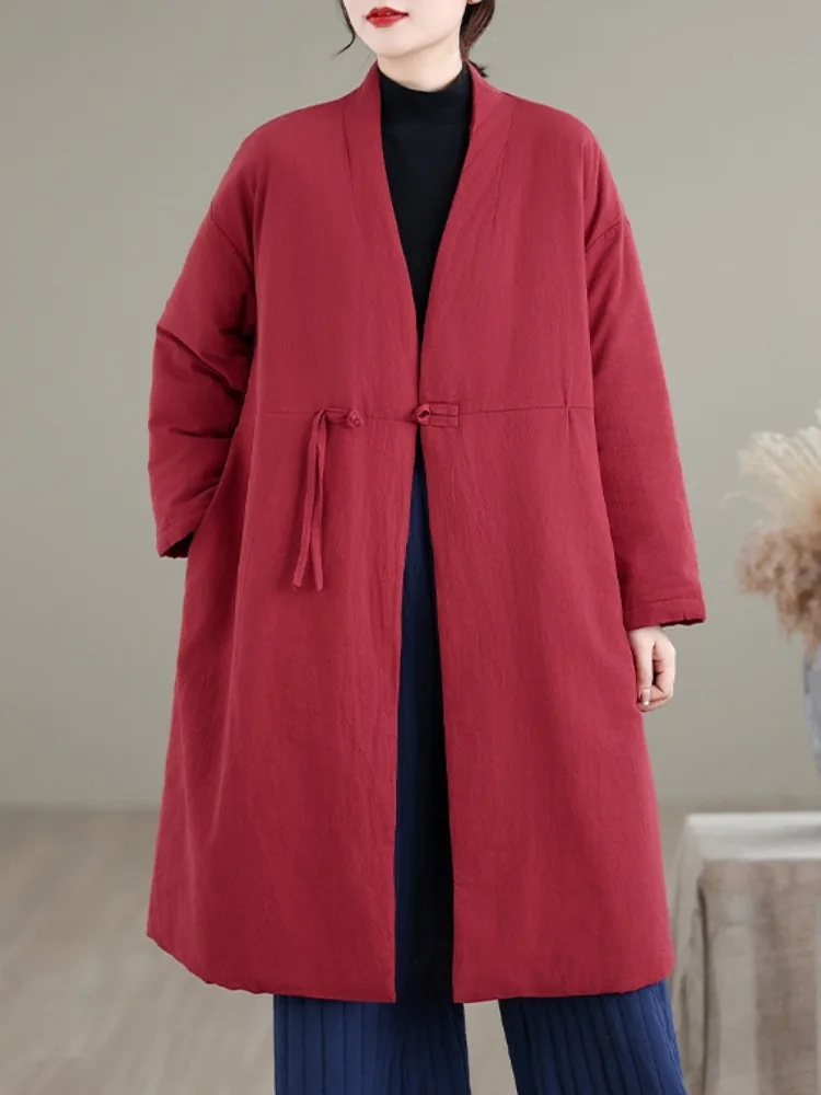 New Chinese Zen Style Long Cotton Robe Coat Women's Winter Warm Cotton Jacket Linen Outerwear Lady's Thickened Cotton Clothes
