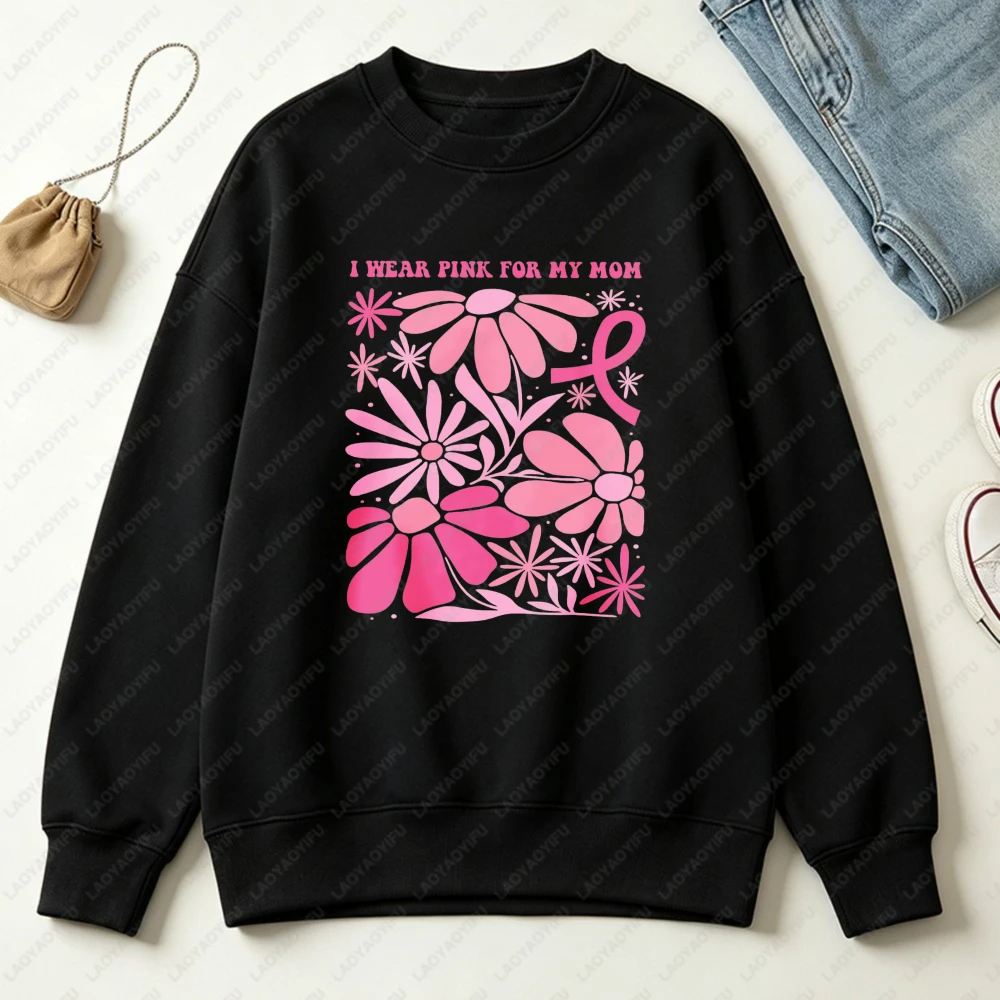 Autumn Breast Cancer Awareness Sweatshirt Pink Ribbon Pullovers I Wear Pink Hoodie Boho Floral Style Support Women Pullover