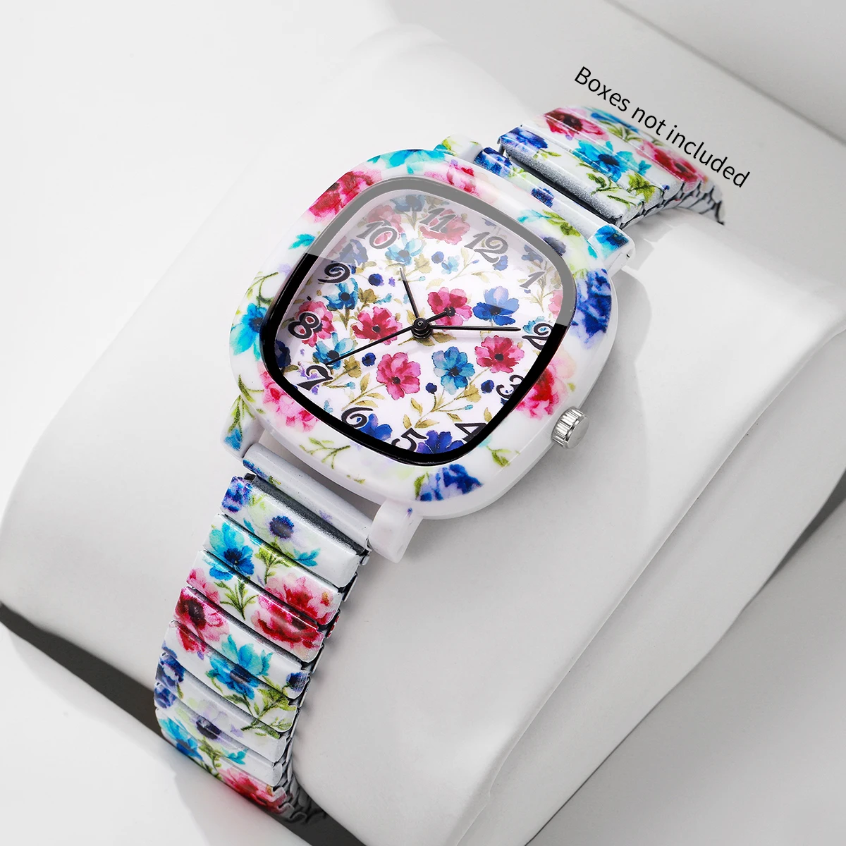 Fashion Square Floral Printed Women Quartz Watch Elastic Stretch Strap Wristwatch Girls Gift Relogio Feminino（Without Box）