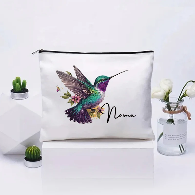 Personalised Hummingbird Custom Name Canvas Bag Office Supplies Pencil Case Wallet Lipstick Cosmetic Pouch Gift for Bird Lover