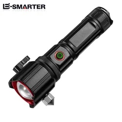 High Power Zoom LED Flashlight with USB Charging COB Safety Hammer Multi-functional Waterproof Aluminum Alloy White Laser Torch