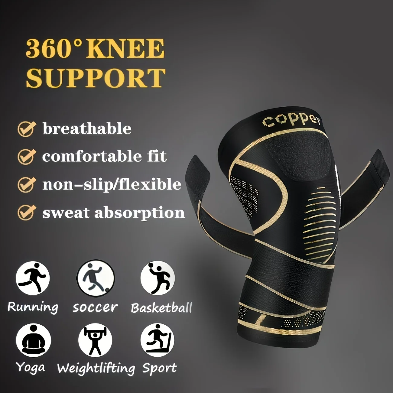 أكمام ركبة نحاسية مع شريطين للرياضة، للرجال والنساء، للجري وتسلق الجبال واللياقة البدنية وكرة السلة #4