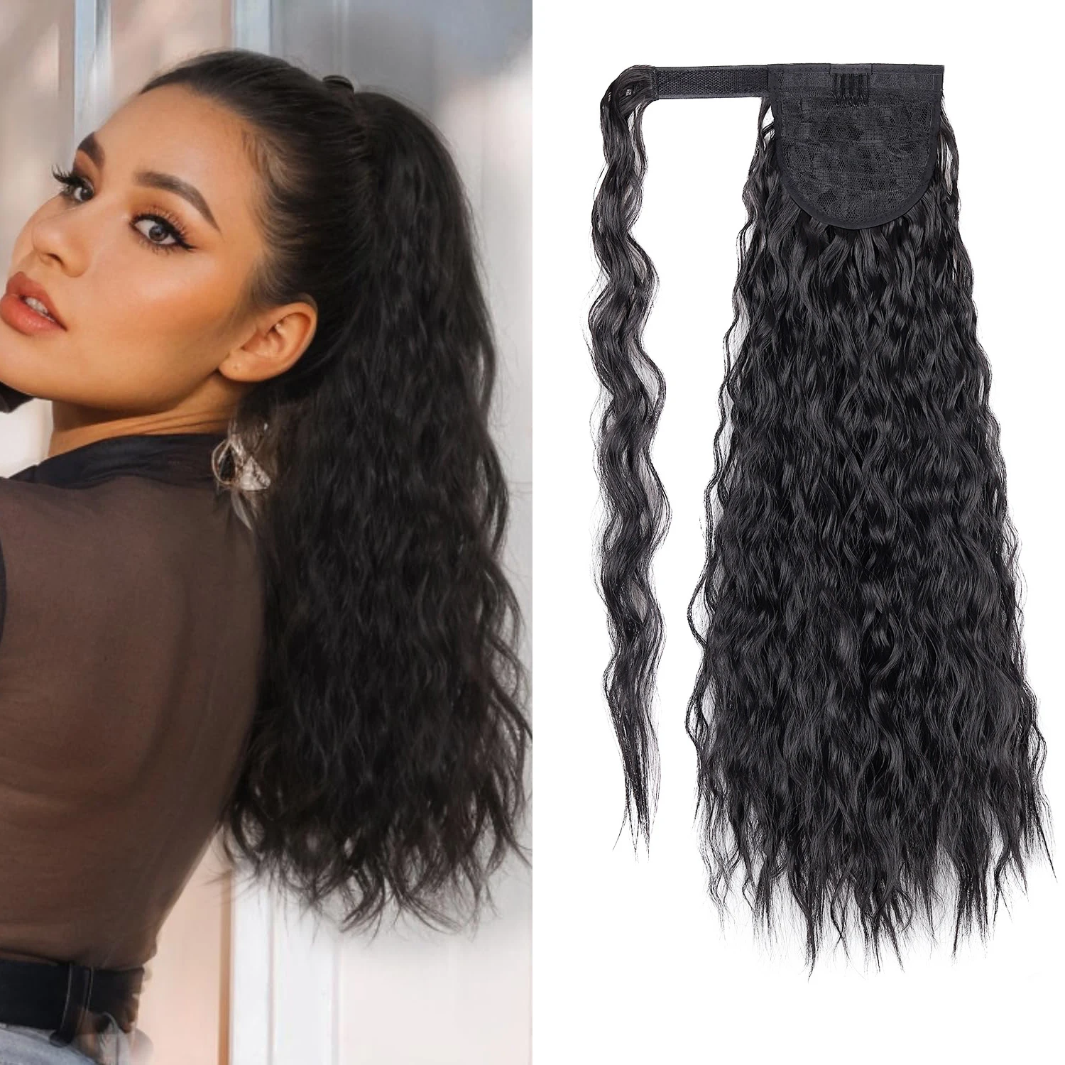 22in Long Corn Wave Ponytail Extension Magic Paste Heat Resistant Wavy Synthetic Wrap Around Ponytail Black Hairpiece for Women