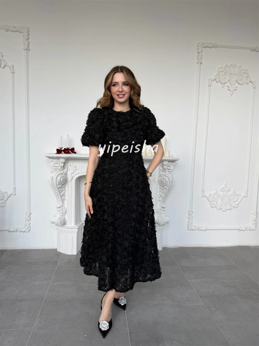 Aangepaste maten beschikbaar Prachtige handgemaakte bloemplooi A-lijn Ronde Hals Midi-jurken Avondjurken Chinese stijlmode