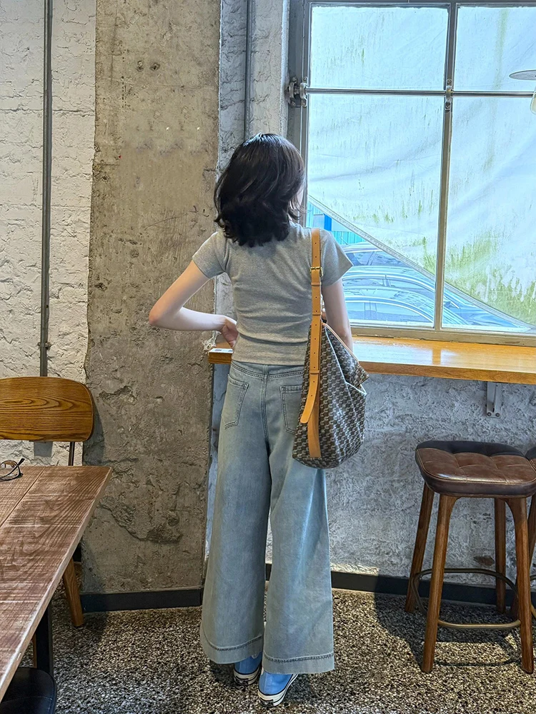 Plones Vaqueros de Estilo Americano Azul Claro, Nueve Décimos, para Mujer, Verano, Finos, Talla Pequeña, Cintura Alta, Aj...