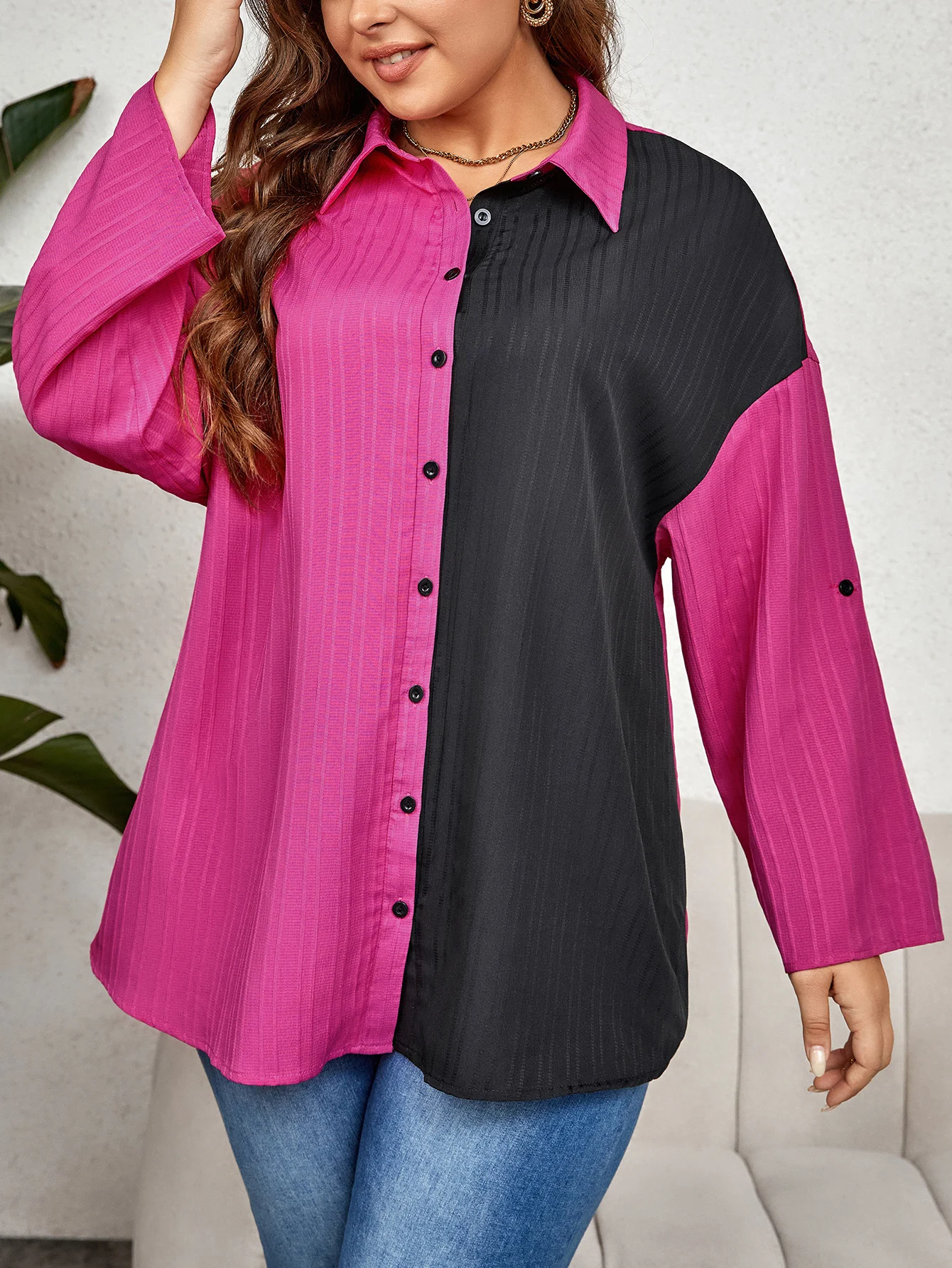 KEBY ZJ Plus Size Drop Shoulder Roll up Long Sleeve Shirt Women Spring Fall Colorblock Loose Casual Button Down Blouses Top