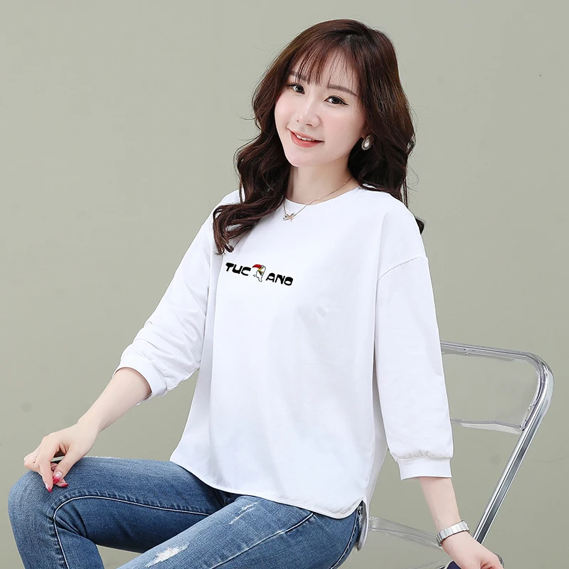 

2025 new plus size middle-aged women's pure cotton three-quarter sleeve T-shirt spring and summer loose casual versatile top