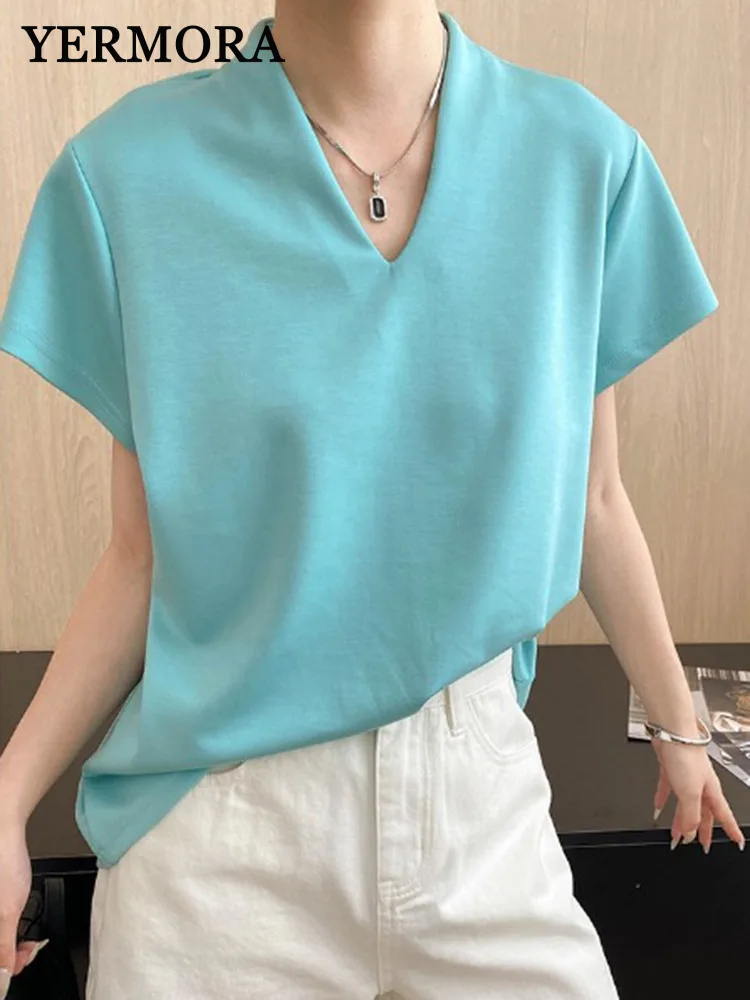 

YERMORA синяя короткая повседневная футболка большого размера для женщин с v-образным вырезом и коротким рукавом, свободные новые топы, модные топы, весна-лето 2025