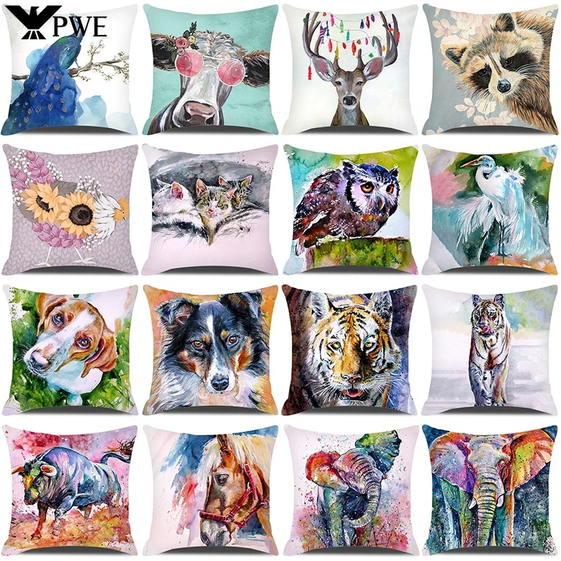 

Watercolor Animals Cushion Cover 45x45cm Cartoon Animals Portrait Printed Throw Pillow Cover Home Decorative Pillowcase for Sofa