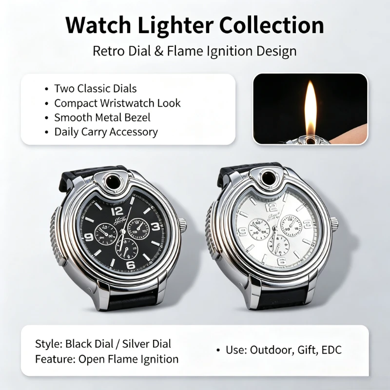 Portable Outdoor Watch Inflatable Lighter, 2026 Trendy Metal Windproof Open Flame Ignition, Cool Customized Smoking Present