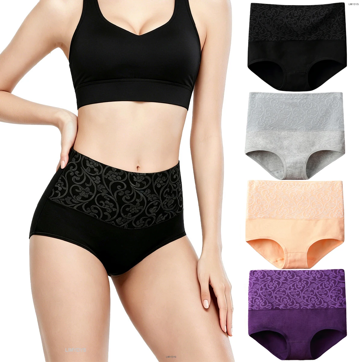 Calcinhas Femininas de Algodão de Cintura Alta com Controle de Barriga, Cuecas Femininas Macias, Respiráveis e Elásticas com Cobertura Total