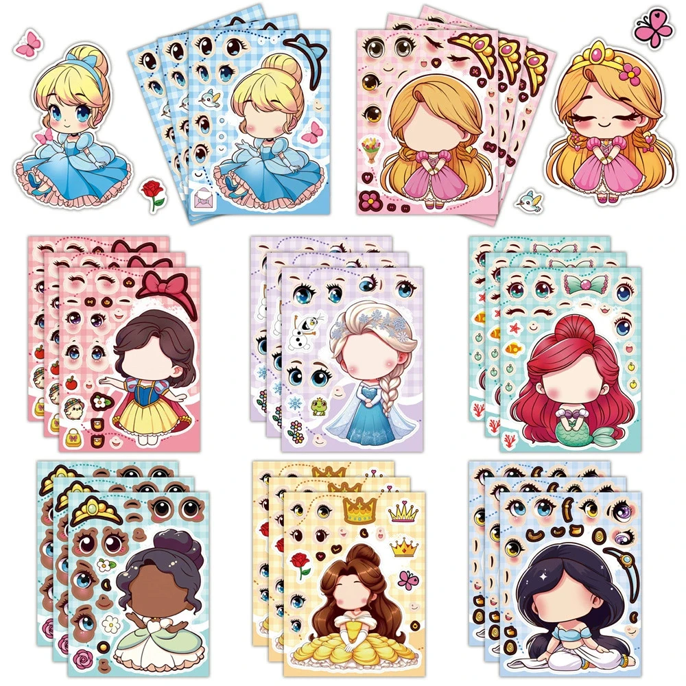 8/16 folhas fazer um rosto disney anime princesa quebra-cabeça adesivos bonito elsa rapunzel dos desenhos animados montar quebra-cabeça diy decalques crianças brinquedo presente