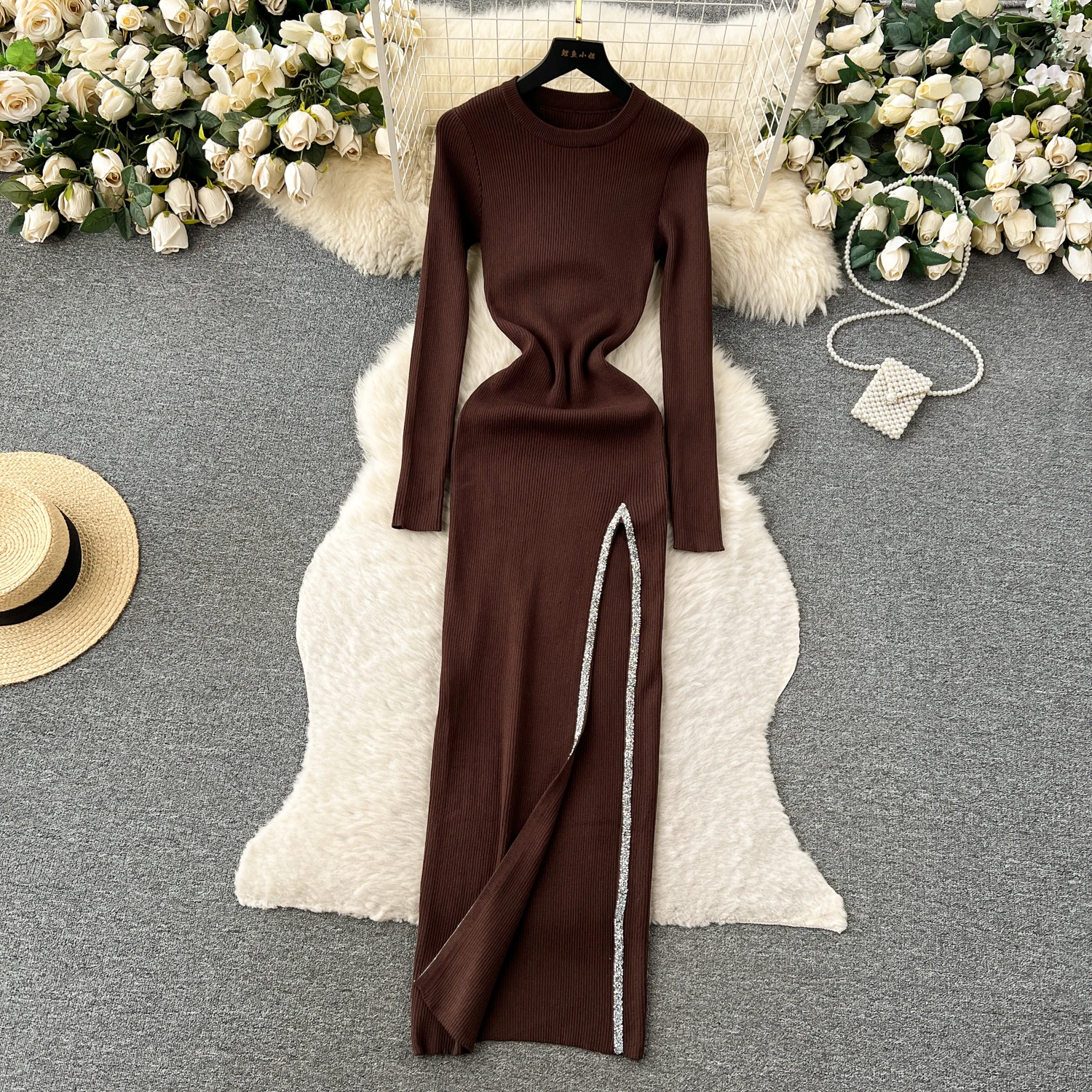 Women Chic Elegant Solid O Neck Long Sleeve Bodycon Split Dress Sexy Fashion Knit Elastic Slim Hip Wrap Sweater Dress