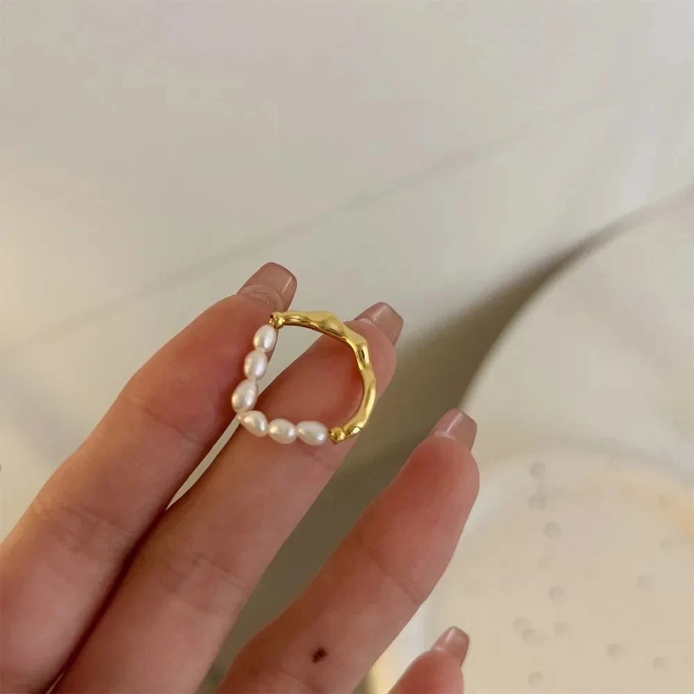 الكورية الرجعية مطاطا حبل تقليد اللؤلؤ مطرز الدائري للنساء موضة حفلة سلسلة معدنية الربط خاتم الاصبع النساء هدية #5