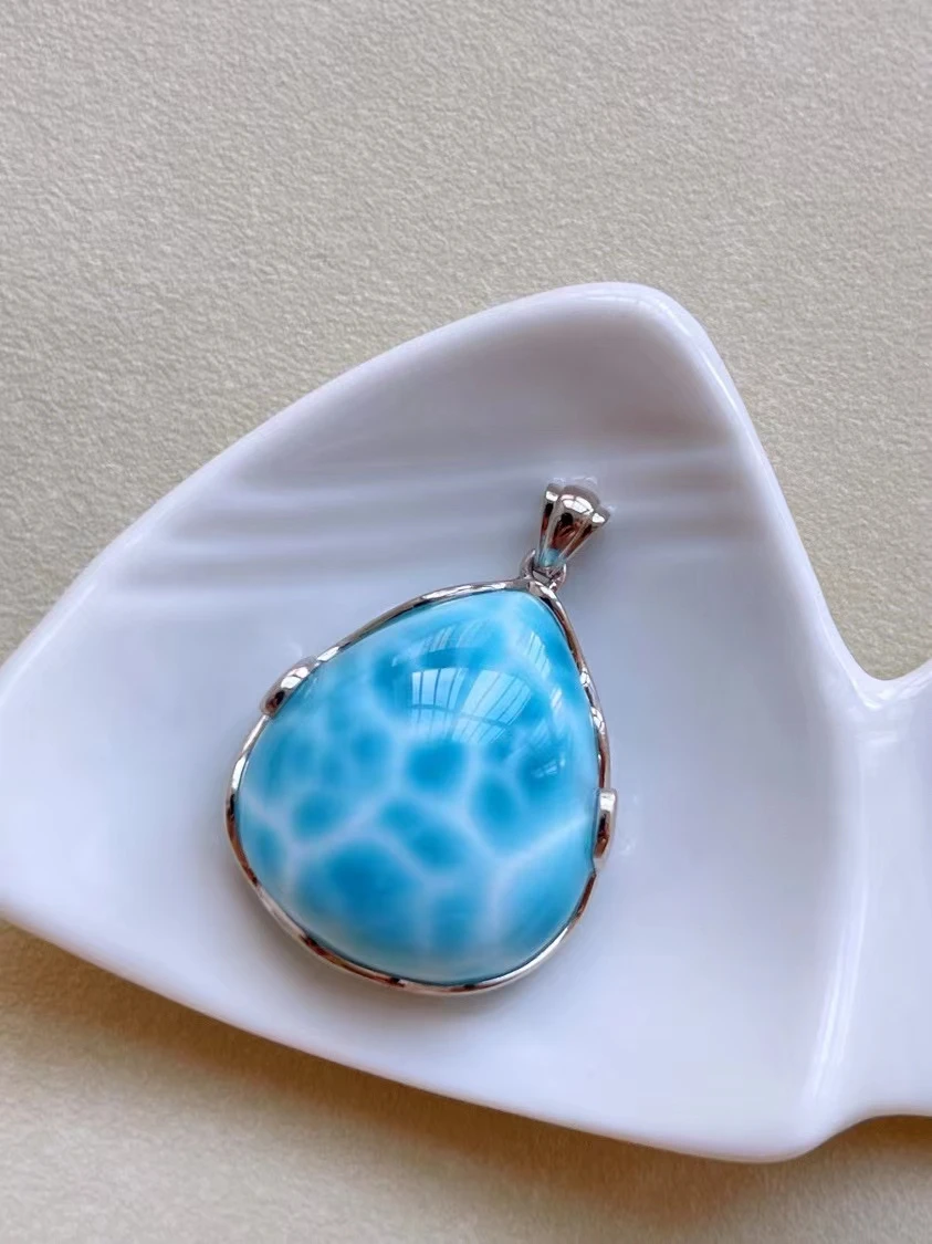 Natural Blue Larimar Pendant Women Men Water Pattern 44*27*10.8mm Love Necklace From Dominia AAAAAAA