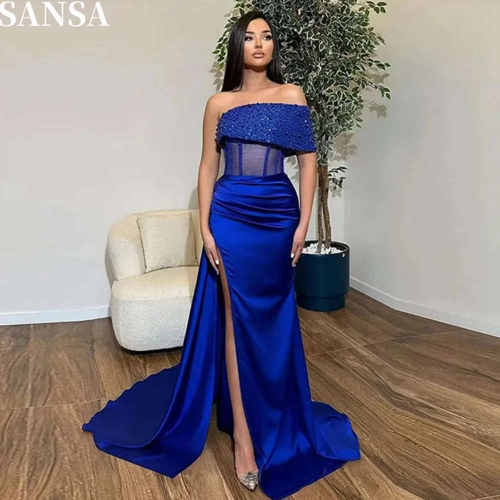 

Sansa Elegant Blue A-line Satin Evening Dress Off Shoulder Floor-Length Wedding Dress Sleeveless Side Splite vestidos de fiesta