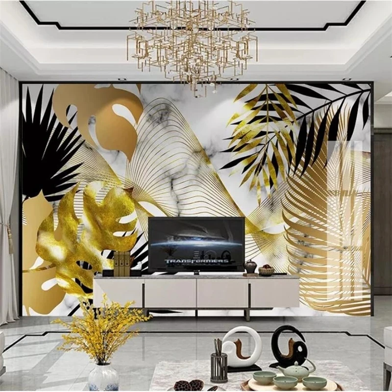 Customized wallpaper Nordic hand drawn tropical plants golden leaves abstract Living room TV background bedroom restaurant Hotel