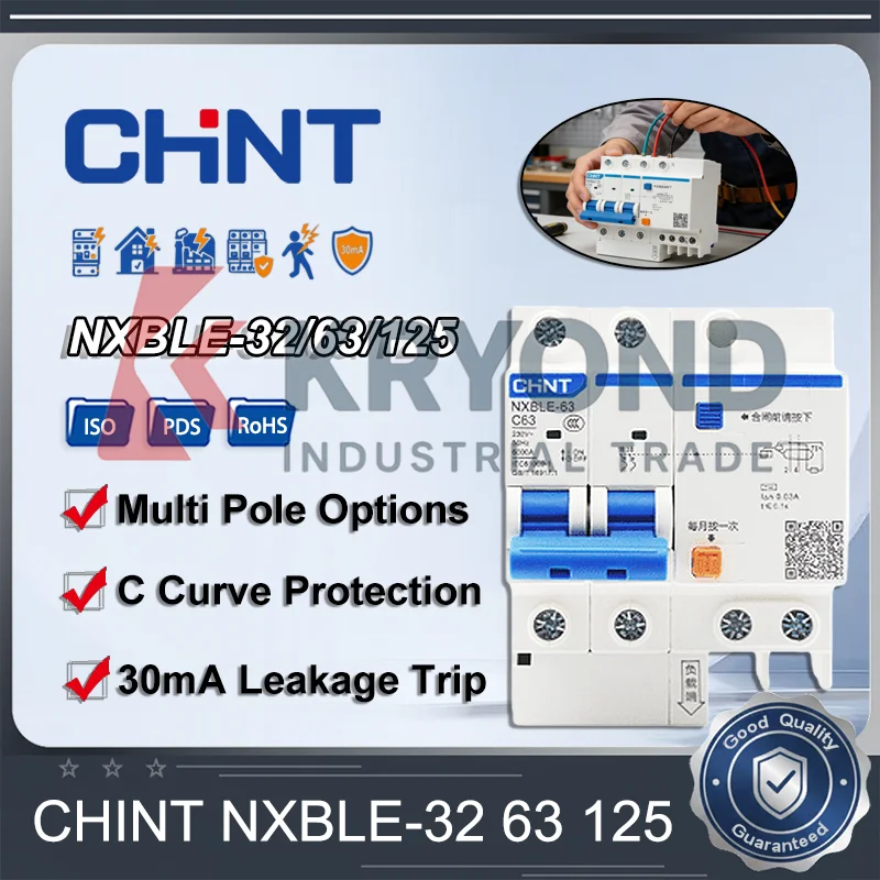 CHINT NXBLE 32 63 125 C Curve Leakage Circuit Breaker RCCB 30mA Residual Current Protection for Electrical Panel Safety 10A-125A