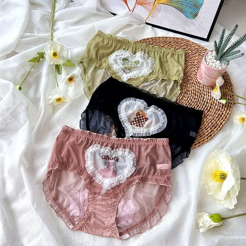 

Plump Girls' Large-sized Underpants Women's Net Fabric Sexy Plump Sister Thin Lace Cute Cartoon Bear Gain Weight 200 Pounds