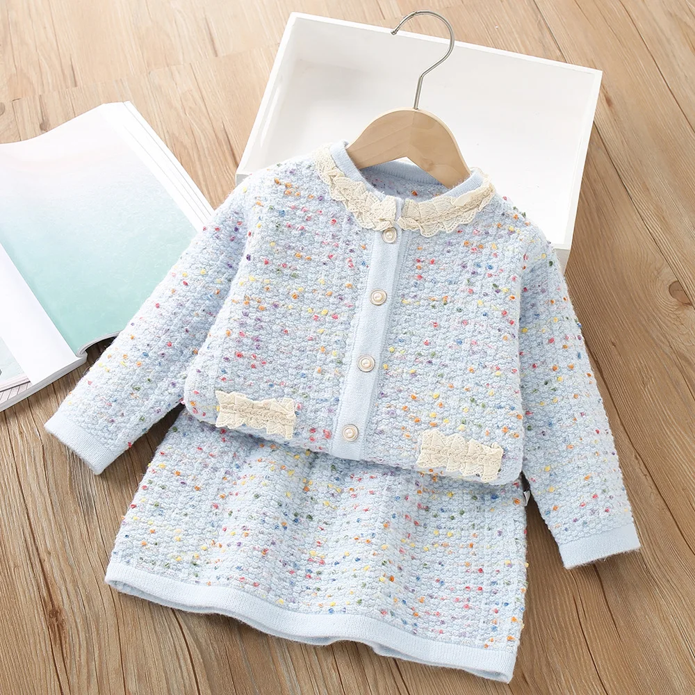 

Girls' sweater dress set 2025 New autumn winter new XiaoXiangfeng princess fashion children's knitted cardigan + skirt 2 sets