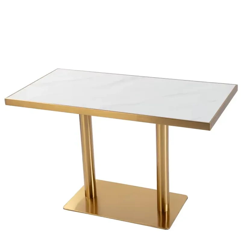 J2S Modern White Rectangular Restaurant Table Golden Stainless Steel Base Top Scratch Resistant Hotel Cafe Commercial