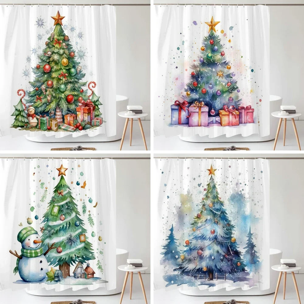 Christmas Shower Curtain Santa Claus Winter Christmas Tree Polyester Colorful Bath Curtain Home Bathroom Decor Curtain With Hook