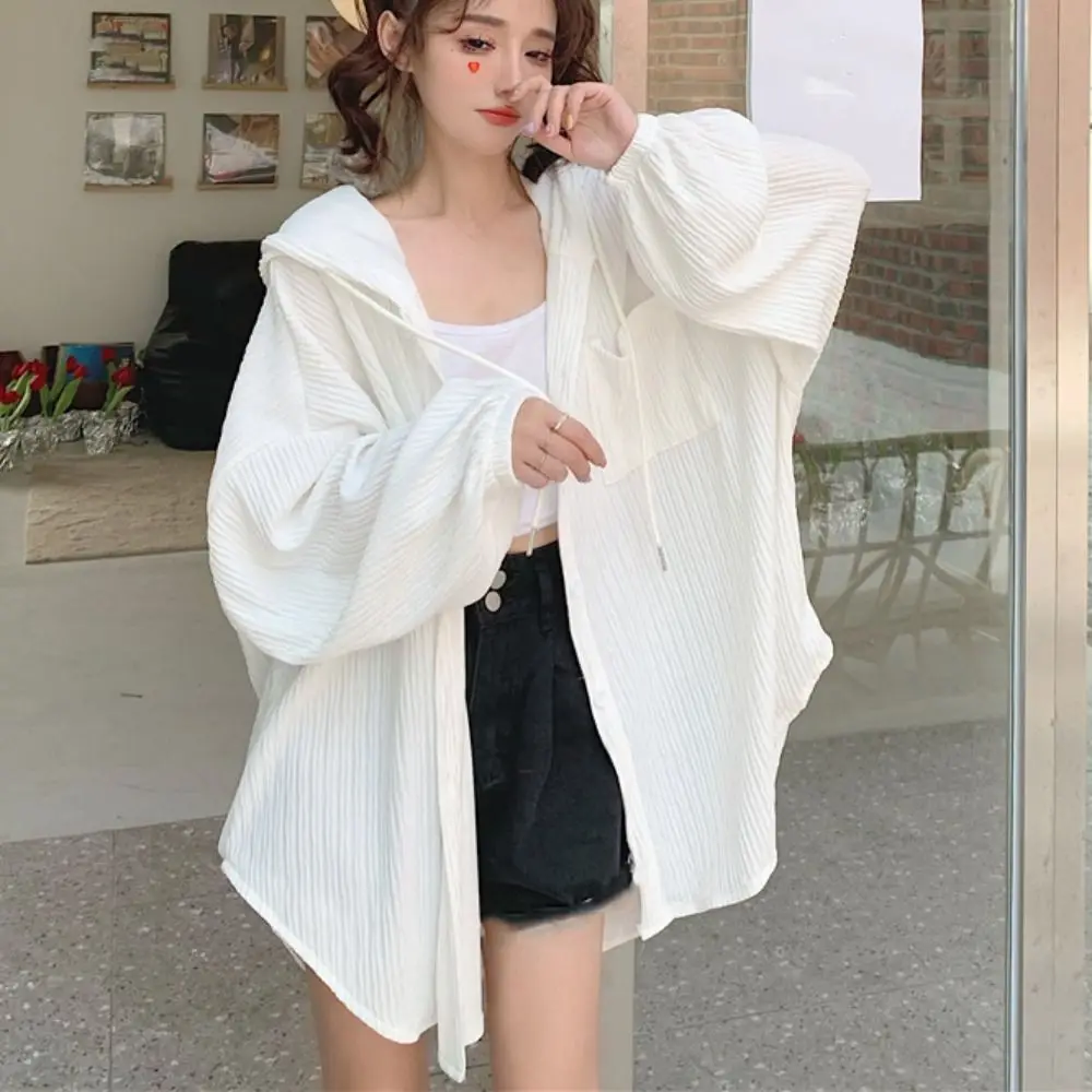 

Comfortable Drawstring Hooded Shirt Simple Loose Long Sleeved Hooded Clothing Korean Ins Sun Protection Tops Women
