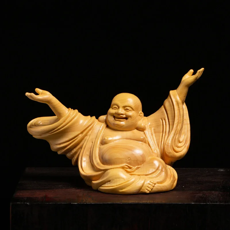 Boxwood Craft Hands up Maitreya Worship Buddha Statue Big Belly Maitreya Smiling Buddha Solid Wood Ornaments Carving Crafts