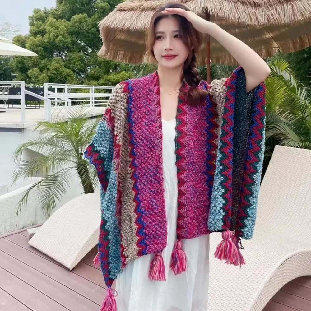 Bohemian Mongolian Poncho Winter Warm Striped Knitting Wraps Polyester Ethnic Style Cardigan Tassel Shawl Coat Overlays