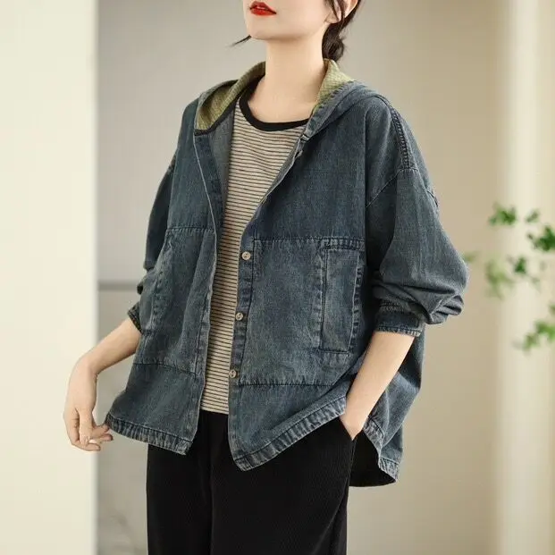 2025 spring new denim jacket casual fashion color contrast loose versatile hooded cardigan slimming top for women