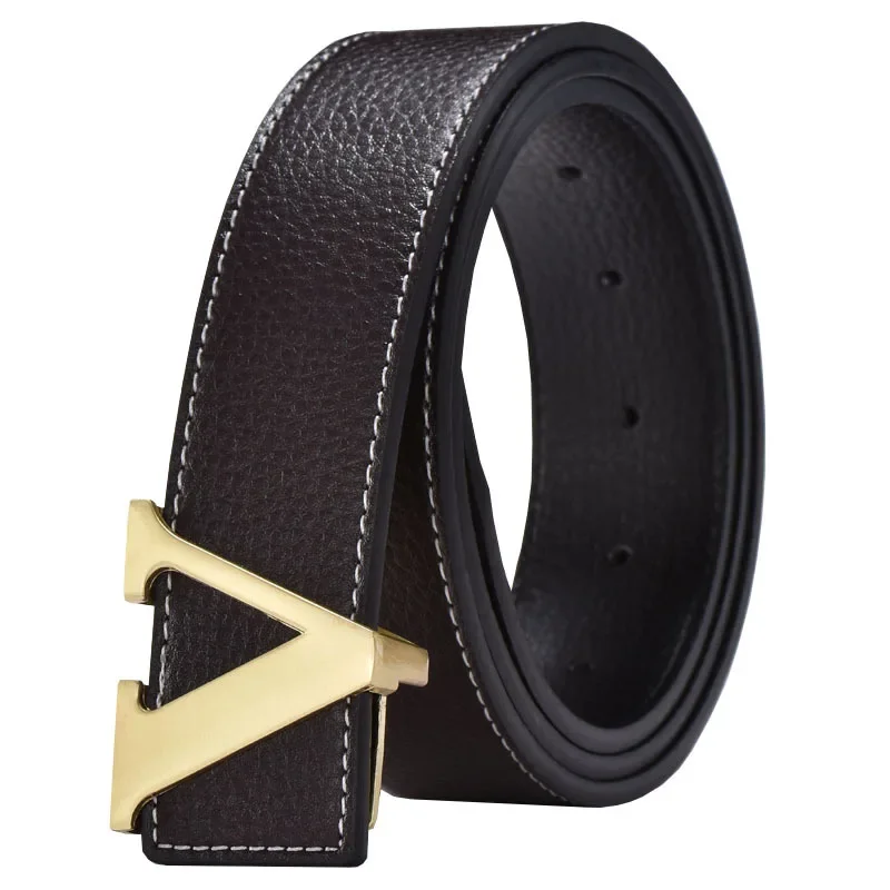 

Luxury Business Foreign Trade Belt Leather Smooth Buckle Belt Korean Fashion Letter V Leather Men's Belt luxury