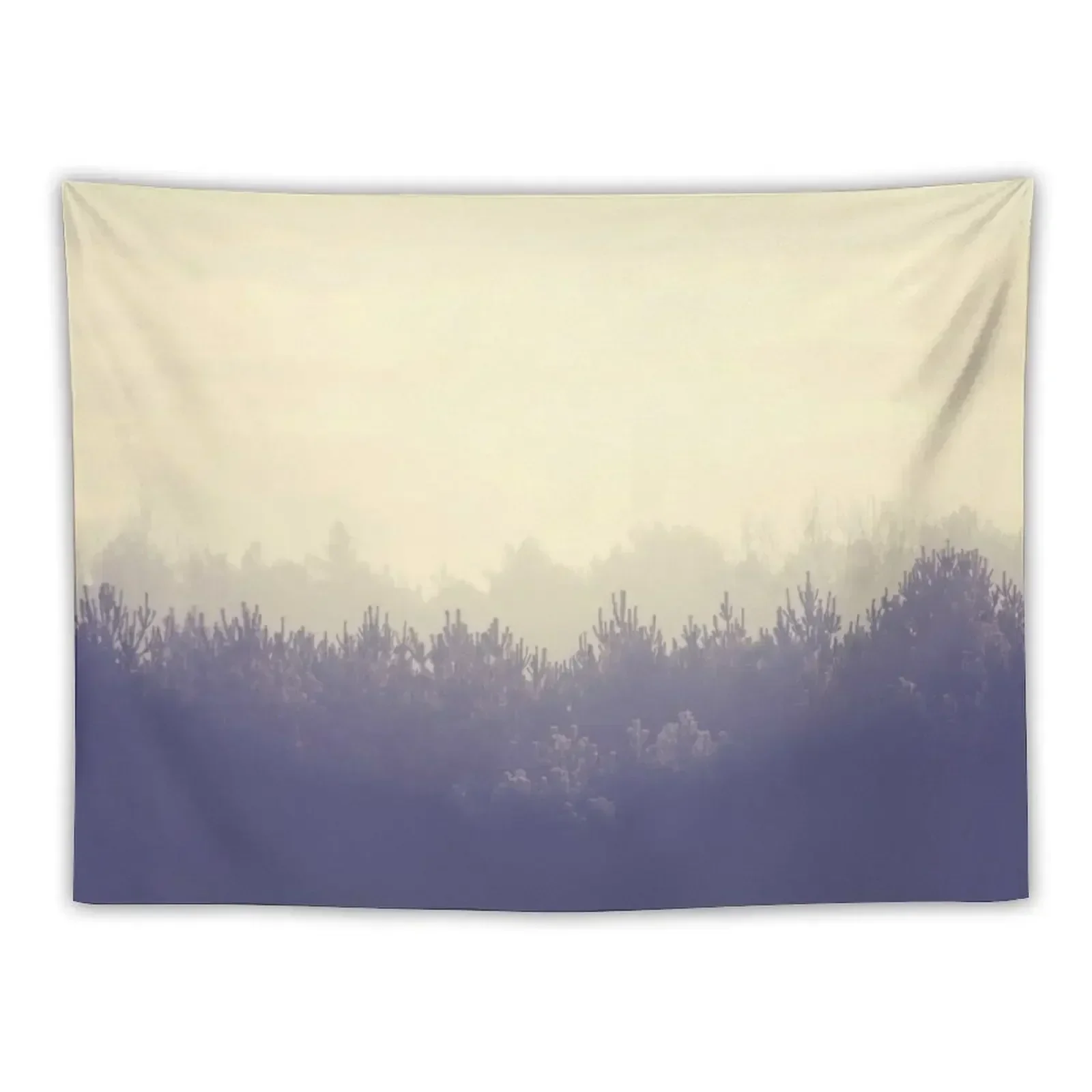 

Peaceful Cloudy foggy inspiring zen forest nature landscape in pastel beige and dark gray blue colors Tapestry Wall Art Tapestry