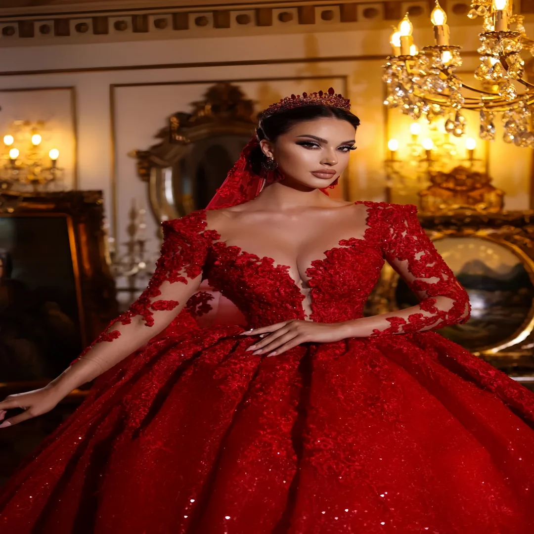 فساتين زفاف رائعة مخصصة من الدانتيل الأحمر على شكل قلب سباركلي للنساء فساتين زفاف بأكمام طويلة فيستدو دي نوفيا