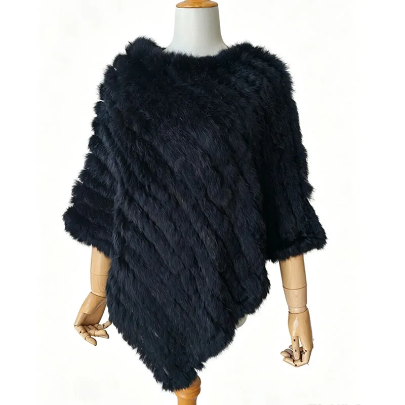 HSPL 2023 Spring Hot Sale Knitted Natural Fur Shawl  Fashion Rabbit Fur Cape Shawl Genuine Rabbit Fur Women Black Fur Poncho